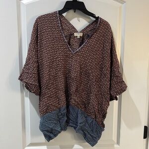 Umgee Brown and Blue V-Neck Blouse